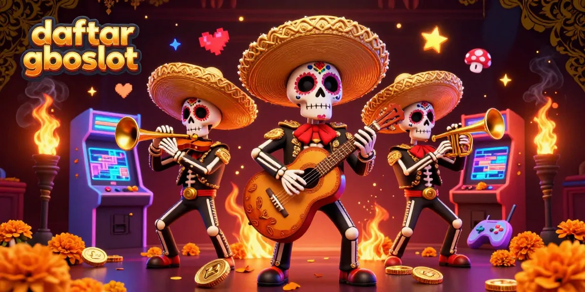 Daftar gboslot dengan band mariachi tengkorak yang ceria dikelilingi mesin permainan 3D berwarna-warni.