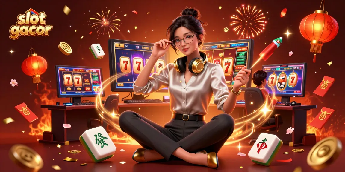 Engaging slot gacor scene featuring a professional gamer at a tech setup, surrounded by lucky symbols.