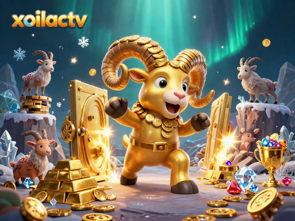 Experience thrilling moments on xoilactv with a vibrant 3D illustration of cartoon characters and treasure elements.