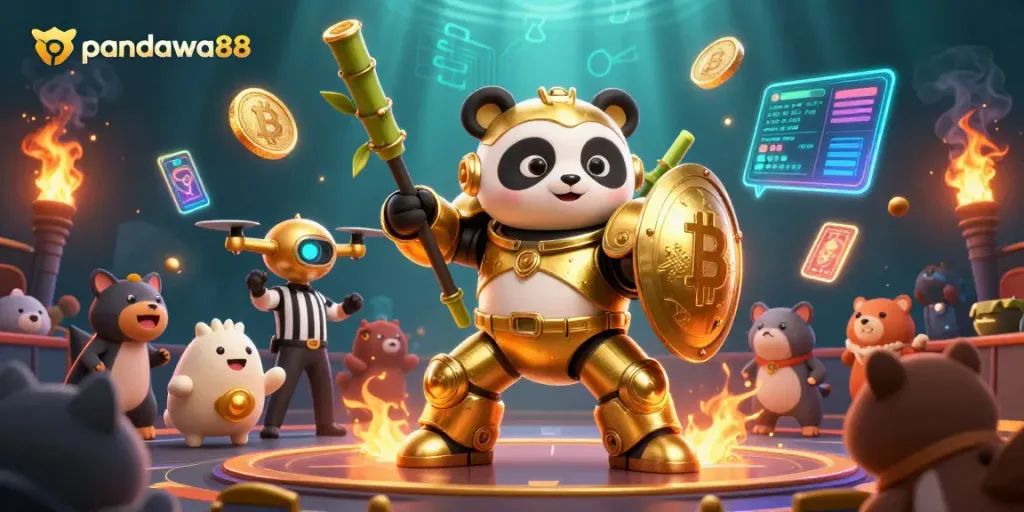 Gambarkan pandawa88 saat bertarung di arena kasino dengan robot bambu dan penggemar hewan, sembari mengelola kasino.