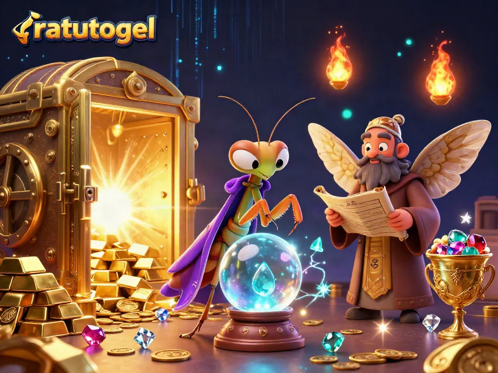 Engage with ratutogel's mystical charm through a vibrant 3D scene featuring fortune tellers and treasure.