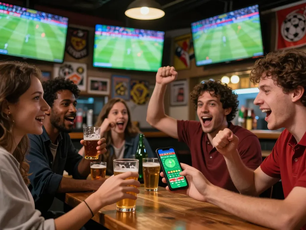 Friends cheering while watching soccer at a sports bar, using the vuasanco app to place bets during the match.