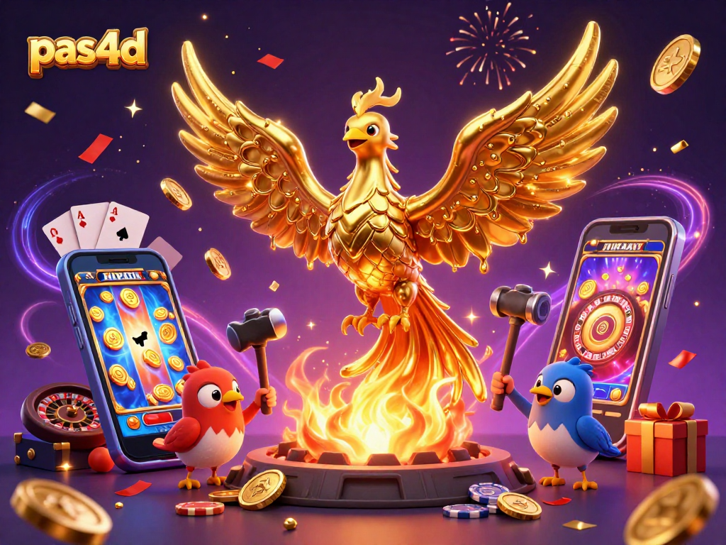 Pas4D menghadirkan pengalaman bermain slot dengan phoenix emas, smartphone dan koin berkilau.