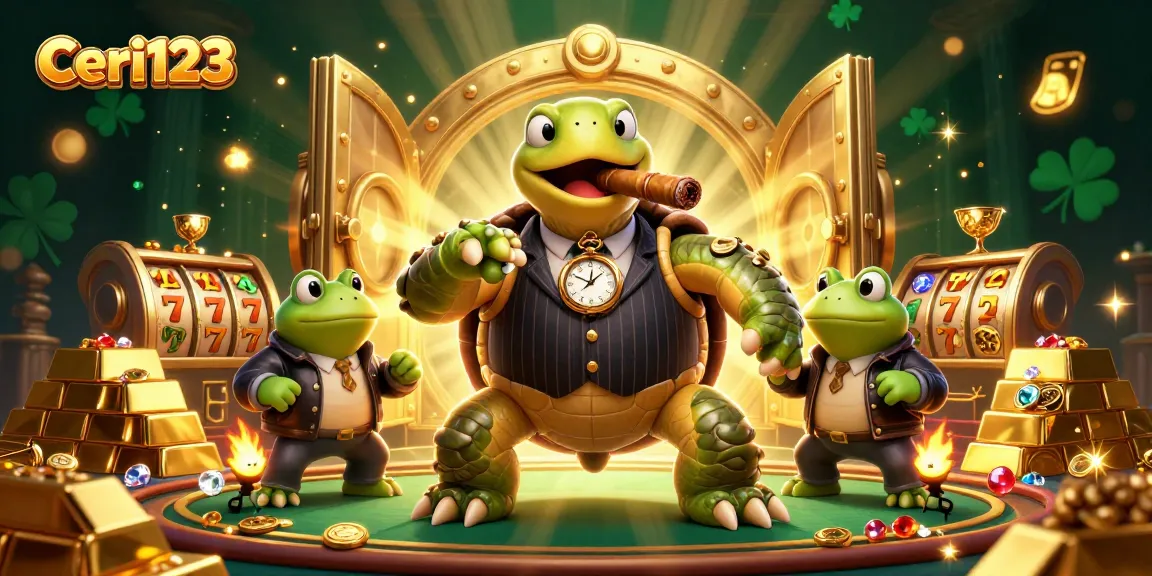 Ceri123 showcases a vibrant casino scene with a turtle mobster and frog enforcers amidst glittering slot game elements.