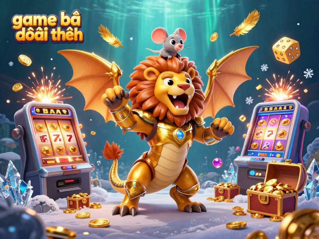 Engage in game bài đổi thưởng with a vibrant 3D illustration of a golden armored chimera and jackpot-themed casino elements.