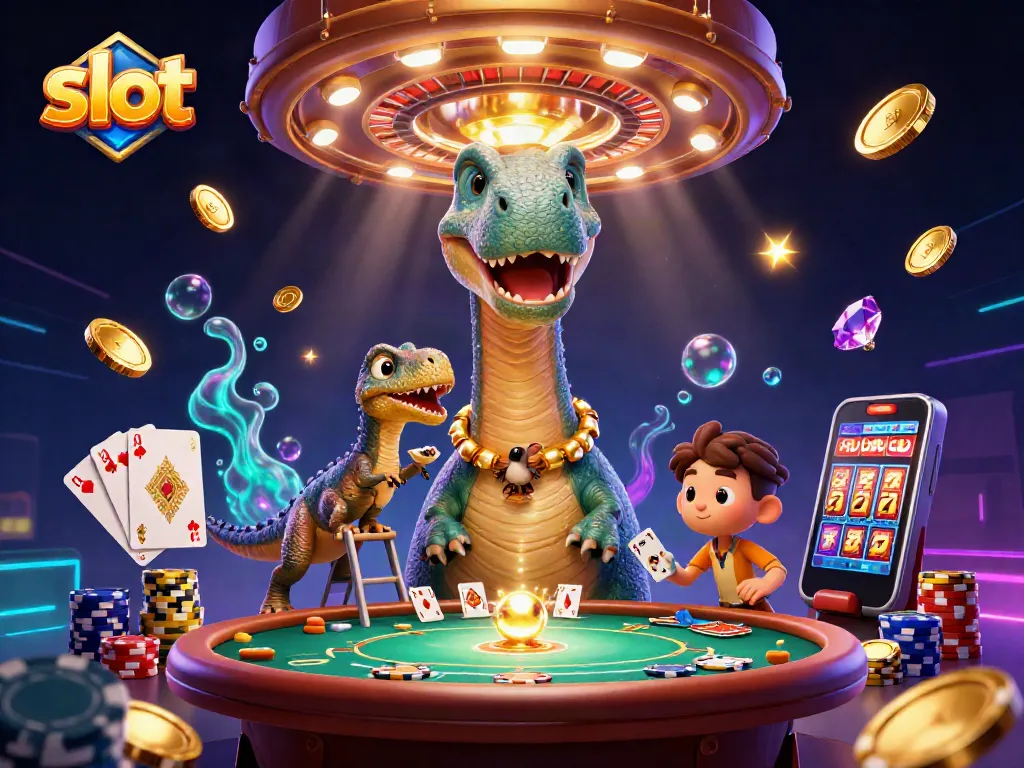 Slot gacor menghadap meja poker dengan dinosaurus 3D dan efek jackpot berkilau.