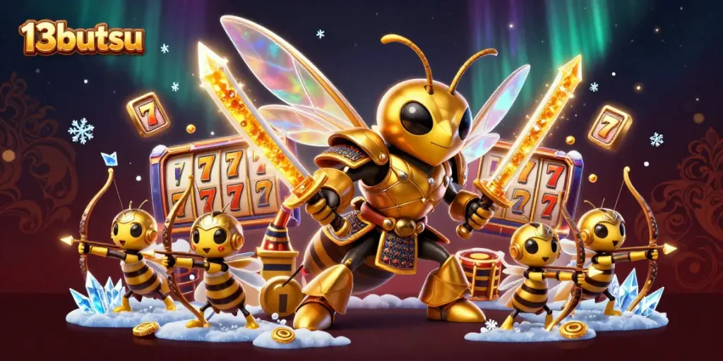 Experience thrilling gameplay with 13butsu as a golden hornet samurai battles among dynamic slot symbols.