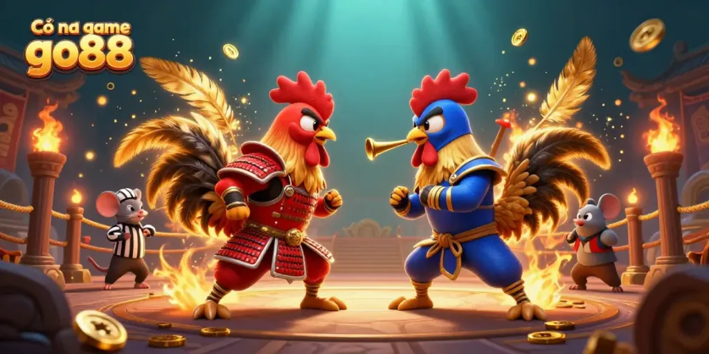 Experience the excitement of Cổng game go88 with fighting roosters in a vibrant betting arena.