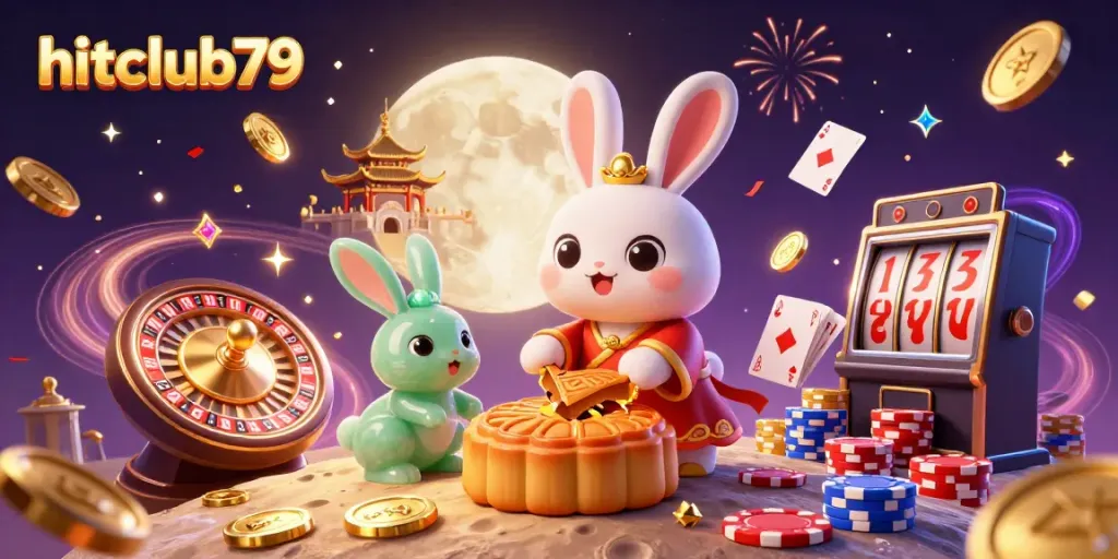 Experience hitclub79 with a vibrant moon rabbit scene symbolizing online casino excitement, featuring poker elements.