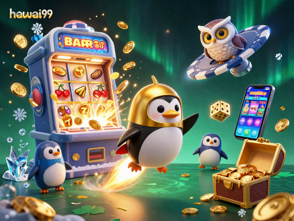 Experience the excitement of hawai99 with vibrant slot games and a penguin in a cosmic scene.