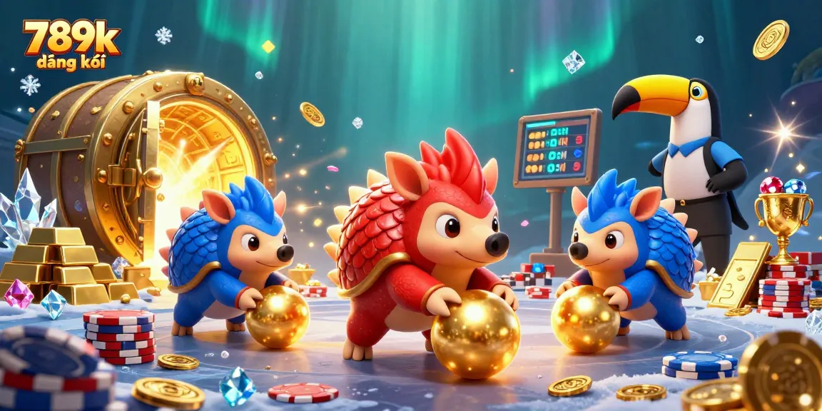 Engage with the thrill of 789k đăng ký as pangolins navigate gold coins in a vibrant casino setting.