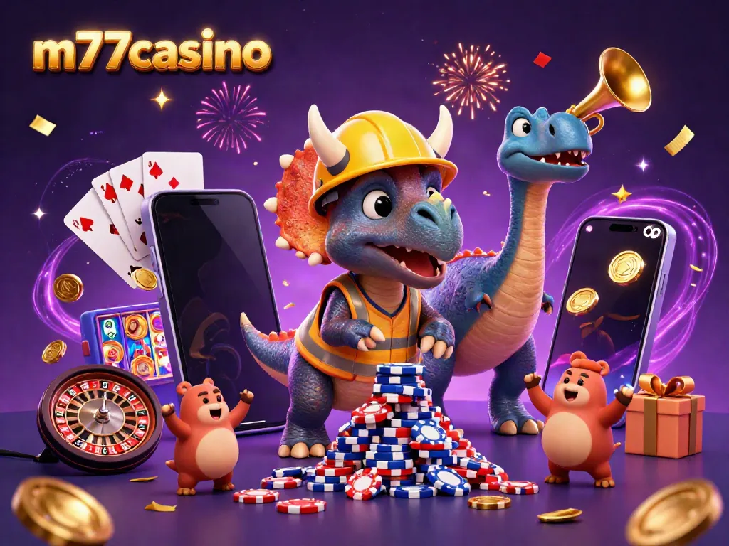 Merayakan keberuntungan di m77casino dengan karakter kartun dan banyak elemen kasino.