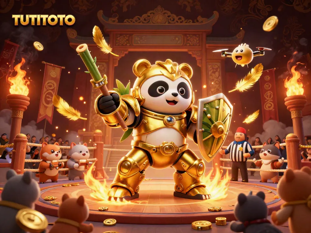 Experience thrilling gameplay with TUTITOTO as a golden panda battles in a vibrant casino arena.