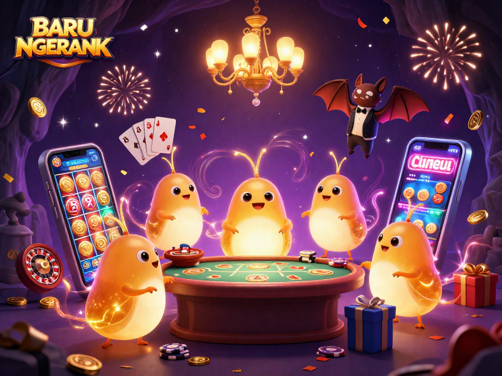 Play thrilling slot games at BARU NGERANK casino, illuminated by glowing characters in a vibrant atmosphere.