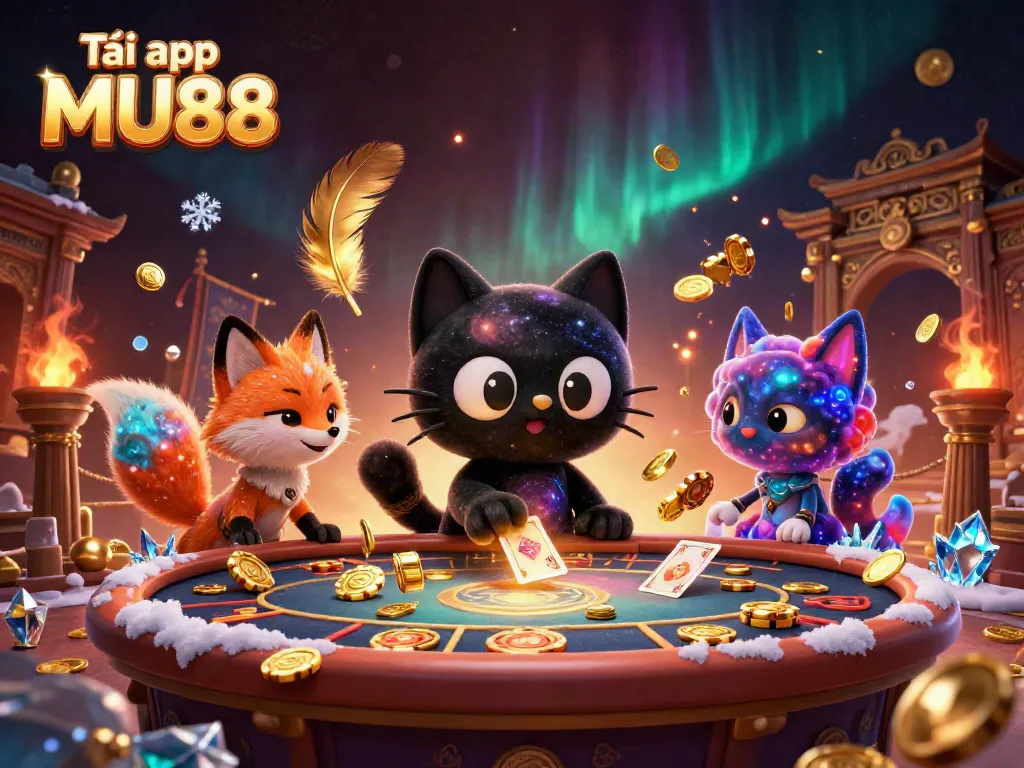 Tải app MU88 with a charming black hole cat and cosmic elements creating an engaging gambling atmosphere.