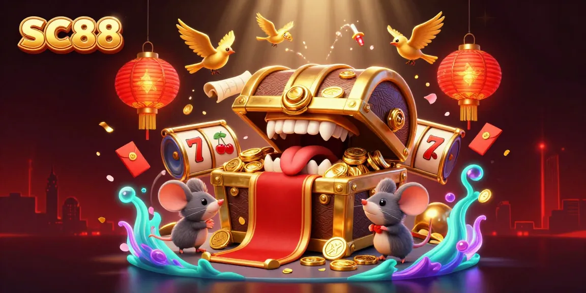 Join the adventure with SC88's golden treasure chest and exciting slot game elements.
