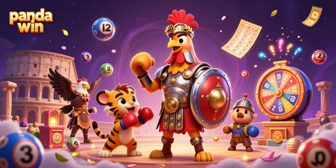 Panda win showcases a vibrant 3D scene of a gladiator rooster in a casino world with lottery elements.