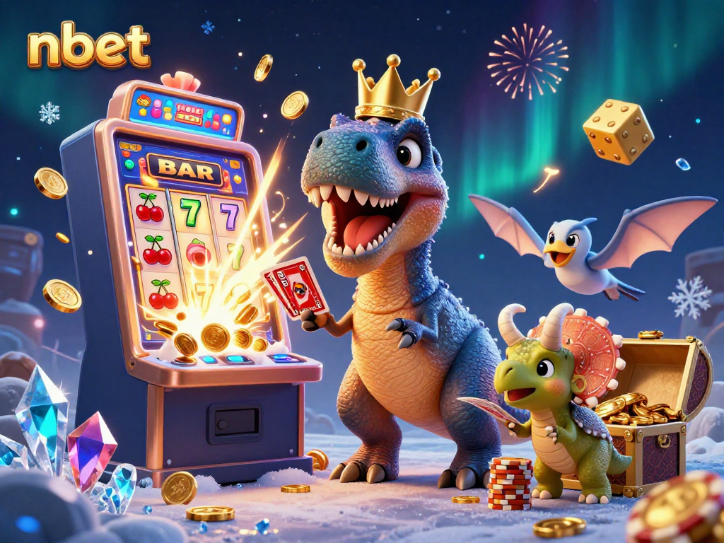 nbet offers a fun casino experience featuring a T-Rex shuffling cards and a jackpot explosion.