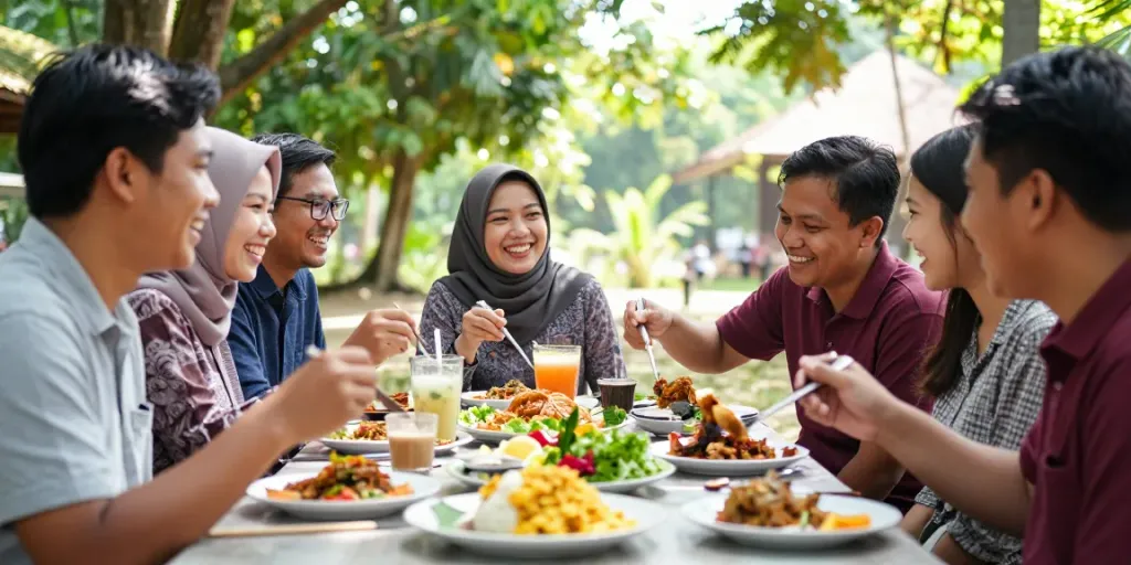 Teman-teman menikmati hidangan alexistoto di meja piknik di alam terbuka.
