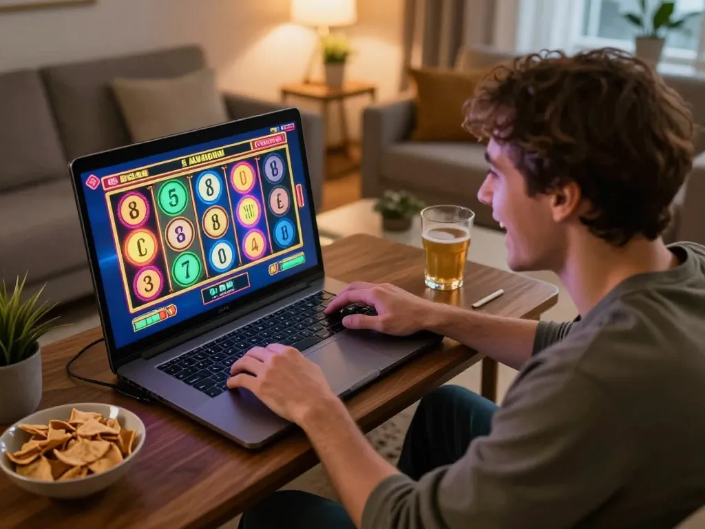 Pemain menikmati slot online hwg500 di laptop dalam suasana ruang tamu yang nyaman.