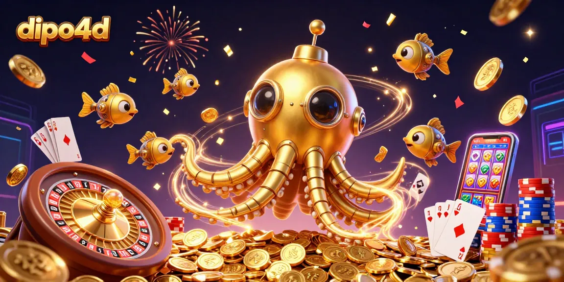 Dive into dipo4d with exciting golden kraken submarine and casino elements celebrating wins.