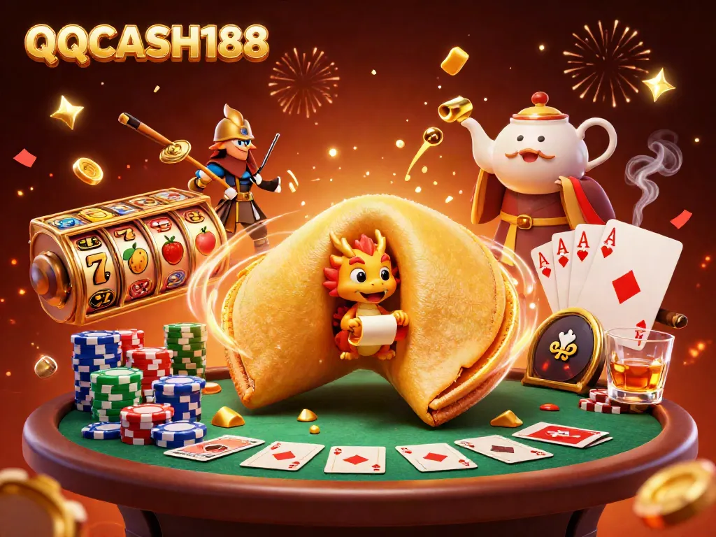 Experience thrilling gaming at QQCASH188 with vibrant slot elements and fortune characters.