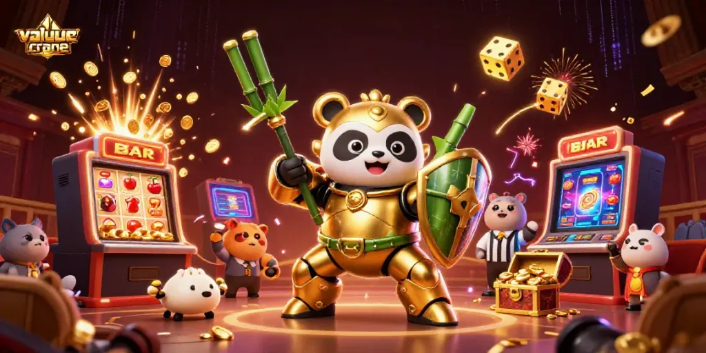 Latihan permainan slot di arena yang dikelilingi oleh panda emas dan penonton hewan, dengan referensi drone berbentuk dumpling.