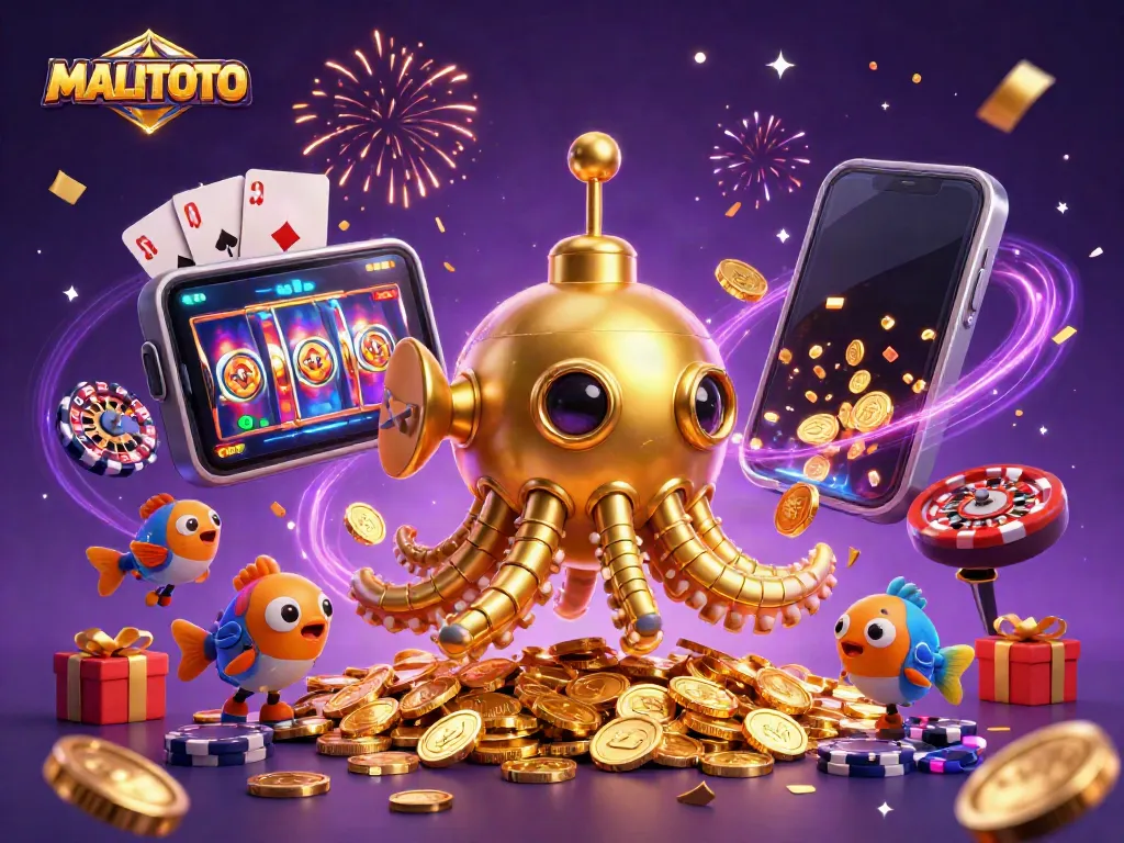 MALITOTO's vibrant casino scene with a golden kraken submarine and slot game elements brings excitement to players.