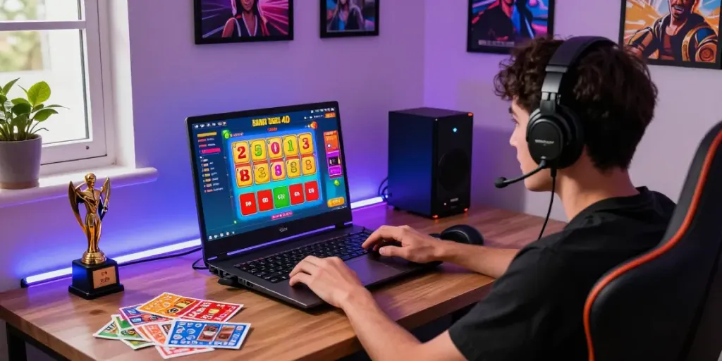 Player enjoying Bandar Togel 4D online lottery game at a stylish desk setup, showcasing immersive gaming atmosphere.