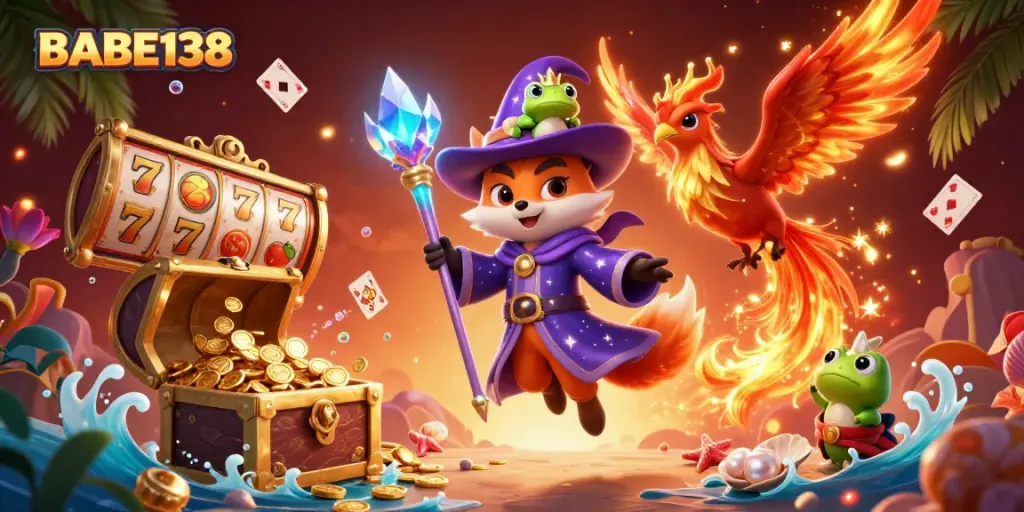 Pengalaman bermain di BABE138 dengan slot berwarna-warni dan simbol keberuntungan menyala.