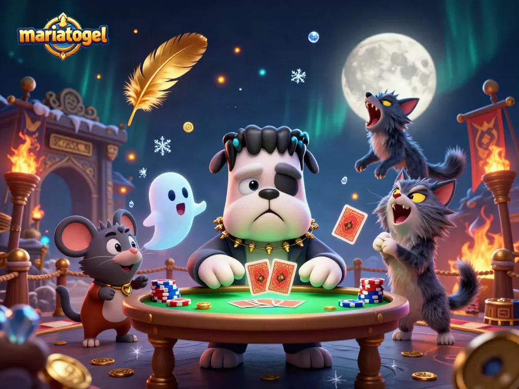 Experience the thrill of mariatogel with a Frankenstein bulldog and friends in a dynamic casino scene.