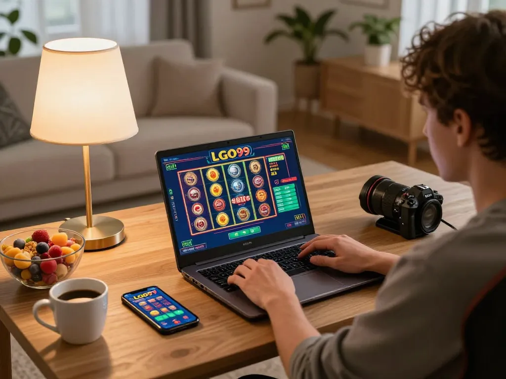 LGO99 player engaging with interactive online slot games from a cozy home gaming setup