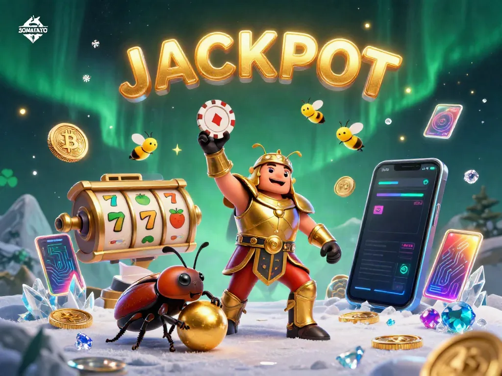 SOMATOTO engages players with a vibrant 3D casino illustration celebrating a jackpot victory alongside crypto elements.