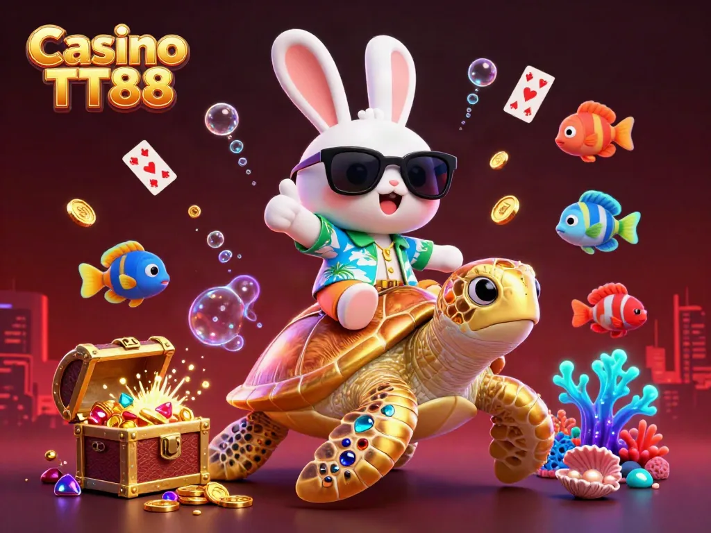 Engage in thrilling gameplay at Casino TT88, highlighted by a playful rabbit and golden sea turtle in a vibrant underwater setting.