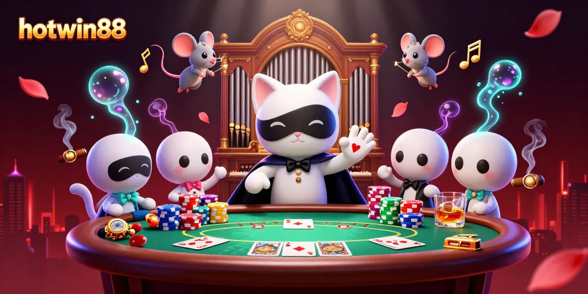 Engage with hotwin88 in a vibrant casino scene featuring a phantom cat playing music and poker.