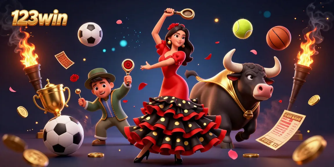 Engage in thrilling action at 123win with vibrant visuals of sports elements and entertainment.
