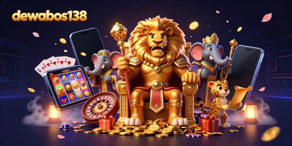 Permainan slot gacor dewabos138 dengan simbol keberuntungan, karakter singa, dan elemen kasino menarik lainnya.