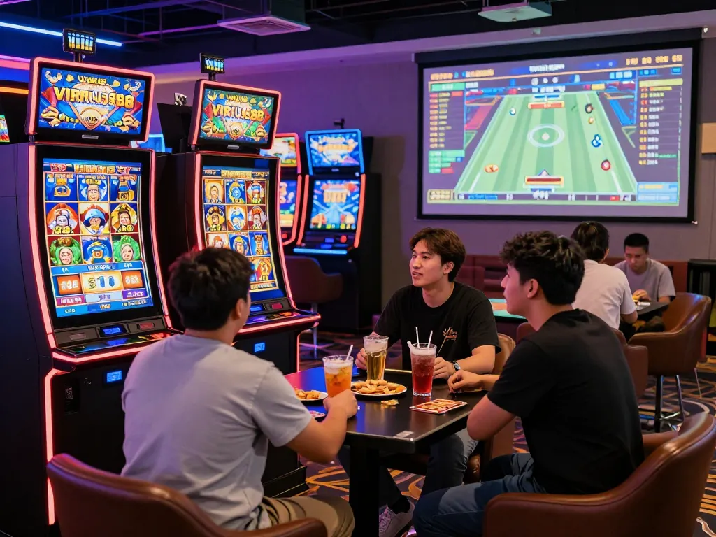 Pemandangan permainan online VIRUS88 yang cerah dengan pemain di mesin slot di lingkungan kasino modern.