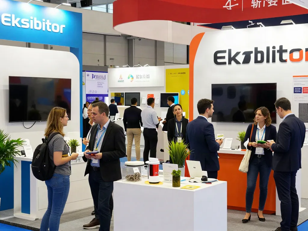Engaged attendees interacting with exhibitors at an Eksibitor trade fair.
