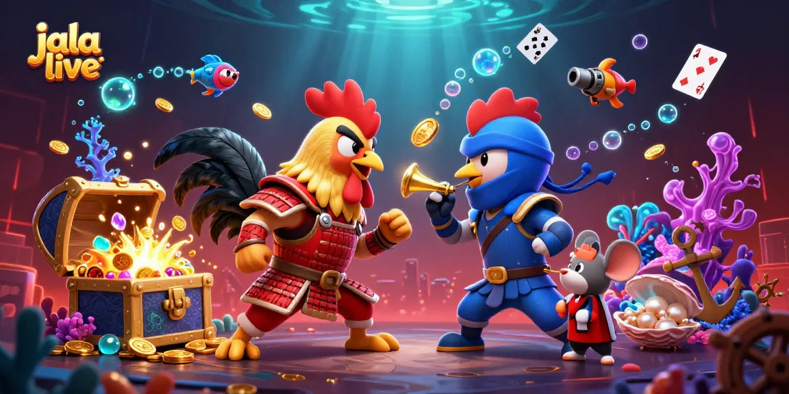 Experience the thrill of jala live with dynamic fighting roosters and treasure in this vibrant scene.