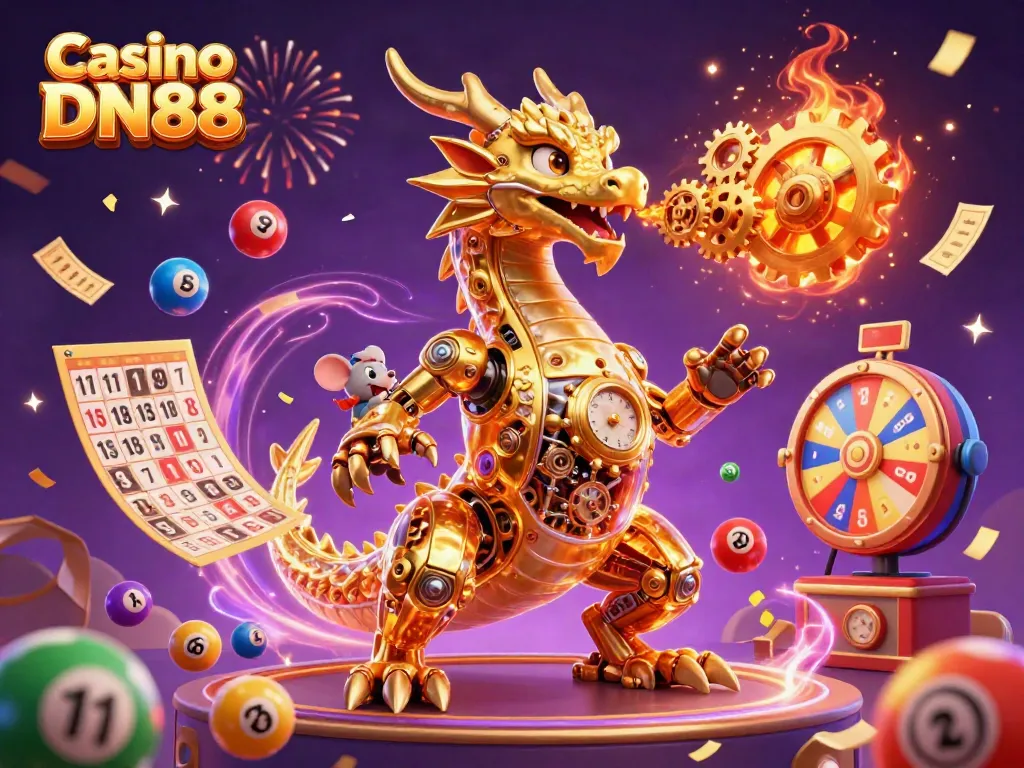 Experience gaming excitement at Casino DN88 with a vibrant 3D dragon and dynamic lottery elements.