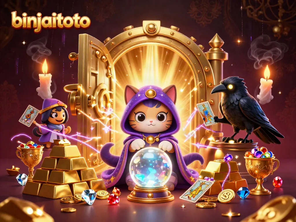 binjaitoto menghadirkan ilustrasi 3D penuh warna dengan karakter kasino dan harta karun yang berkilau.