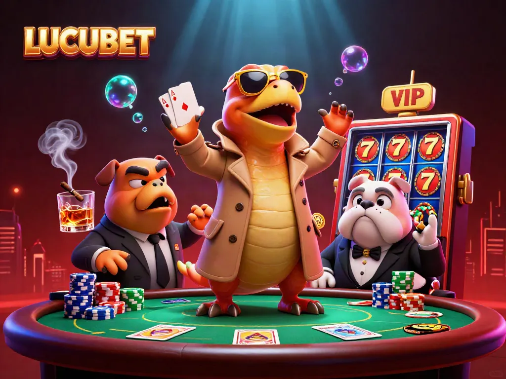 LUCUBET: Three raptors in a trench coat entering a VIP casino, surrounded by poker elements.