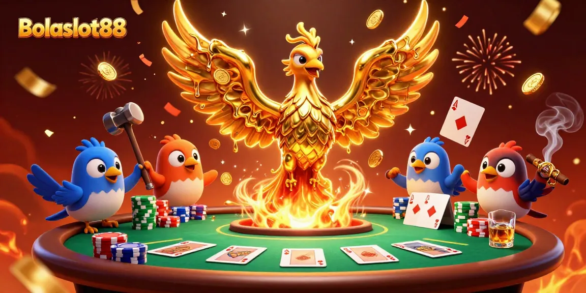 Bolaslot88 phoenix rising from molten gold, surrounded by poker chips and cards, celebrating big wins.