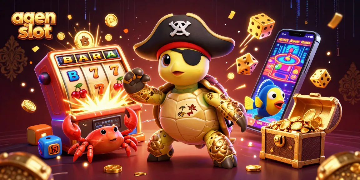 Mainkan agen slot dengan karakter lucu yang dikelilingi mesin slot dan harta karun berkilau.