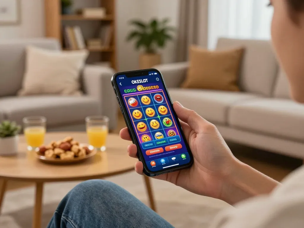 Pemain menikmati sesi dinamis di aplikasi mobile OKESLOT di lingkungan rumah yang nyaman.