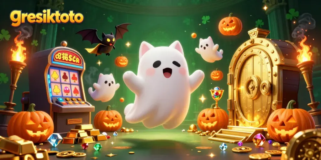 Experience exhilarating games at gresiktoto with a ghost cat and vampire bat amid glowing treasures.