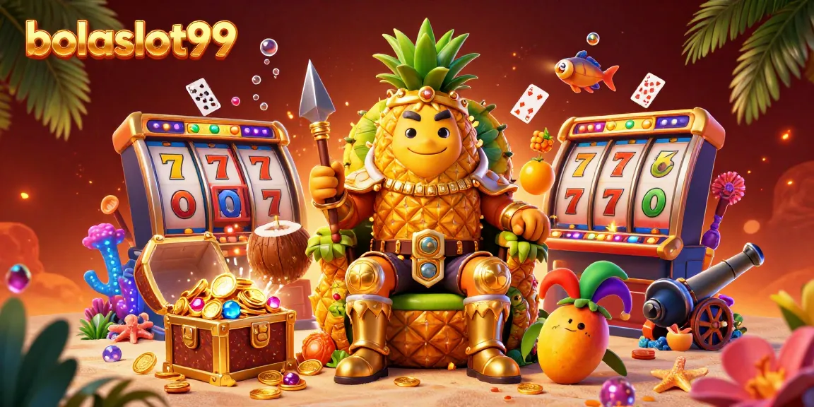 Engage in thrilling slots and jackpots with bolaslot99 at this vibrant casino scene featuring a pineapple king.