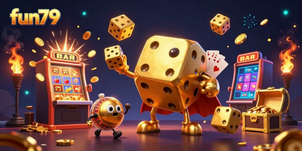 Engage with fun79's vibrant casino world featuring golden dice and a jackpot explosion of coins.