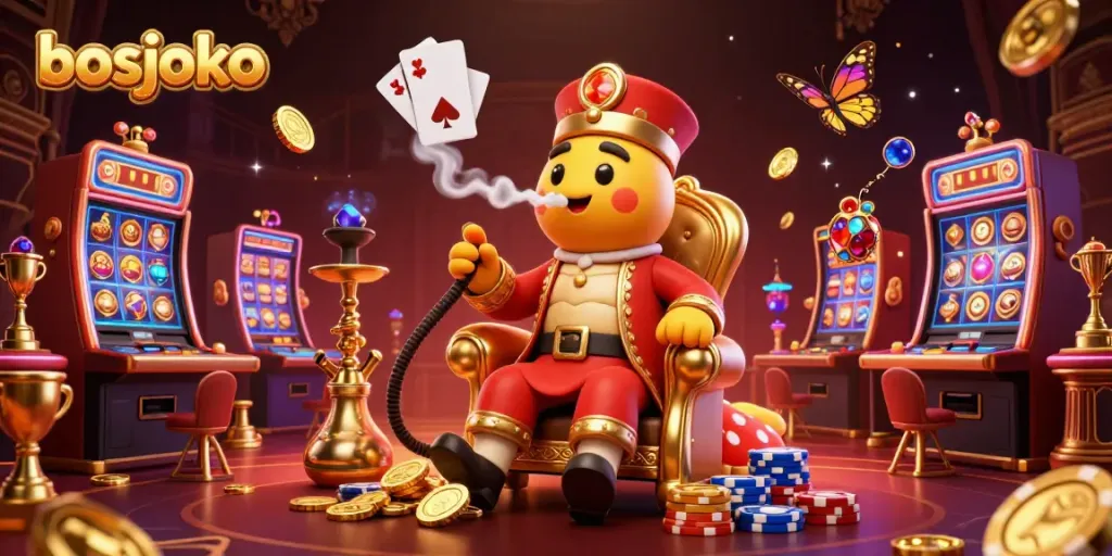Bets come alive in bosjoko's vibrant casino scene with golden slot machines and dynamic characters.